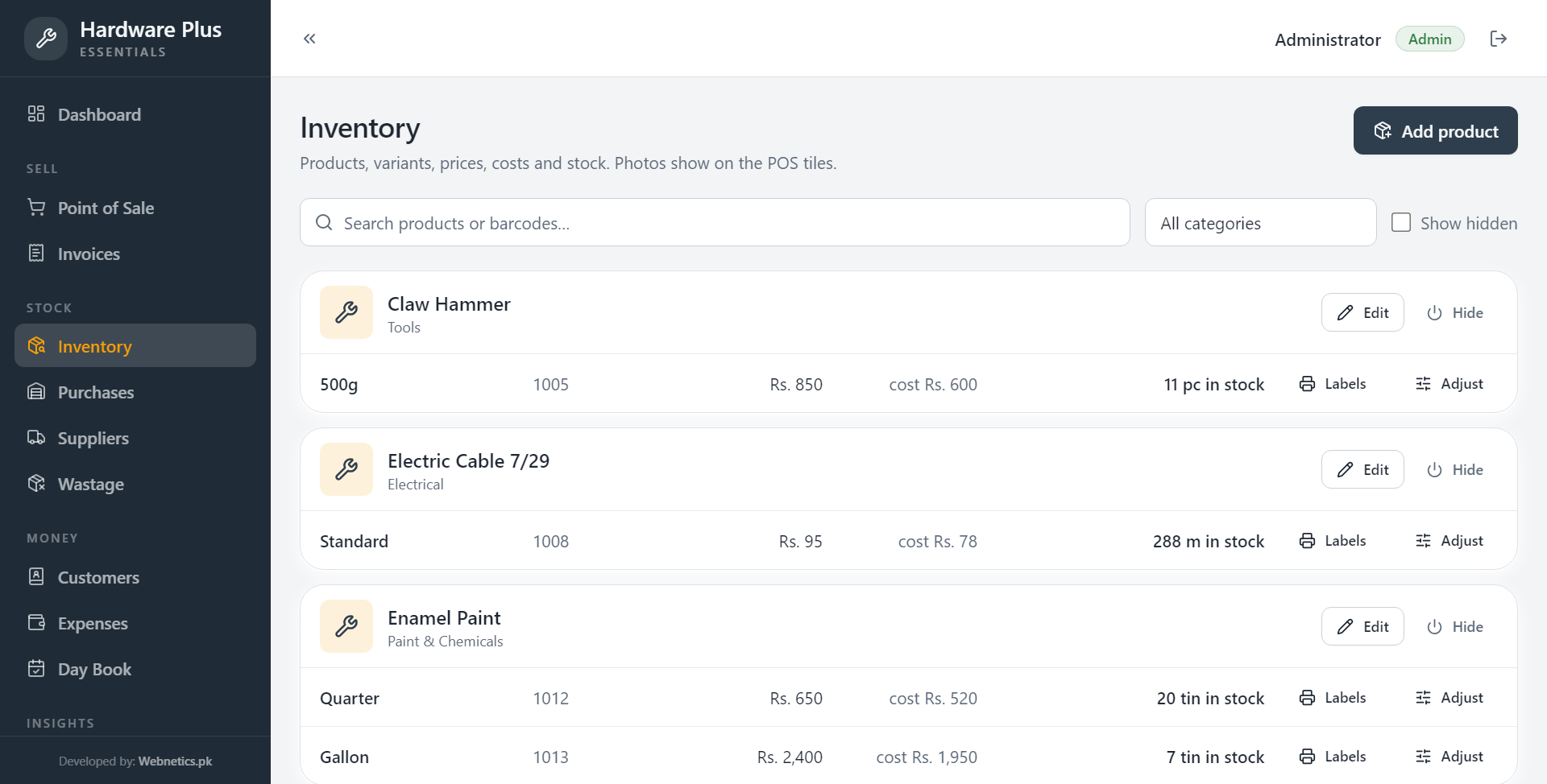 Inventory with units